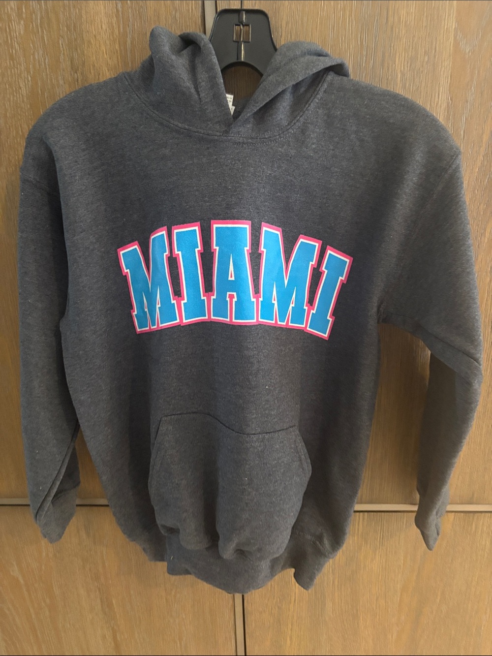 Gildan Gray Hoodie with Bright Blue and Pink Miami Print